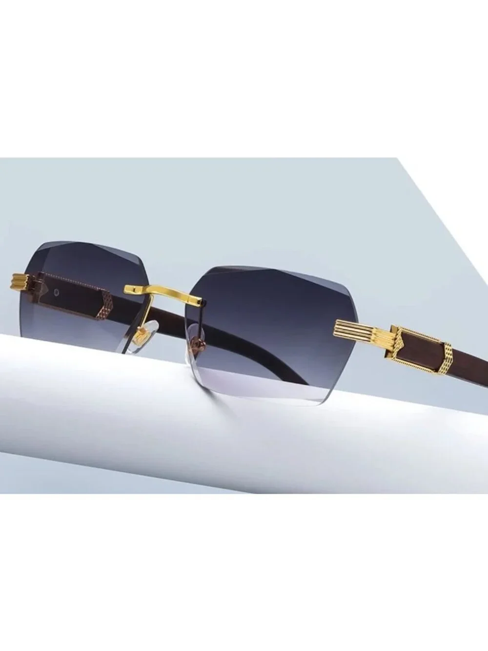 Retro Unisex Rimless Black/Grey Gradient Sunglasses W/ Gold-Tone & Wooden Arms